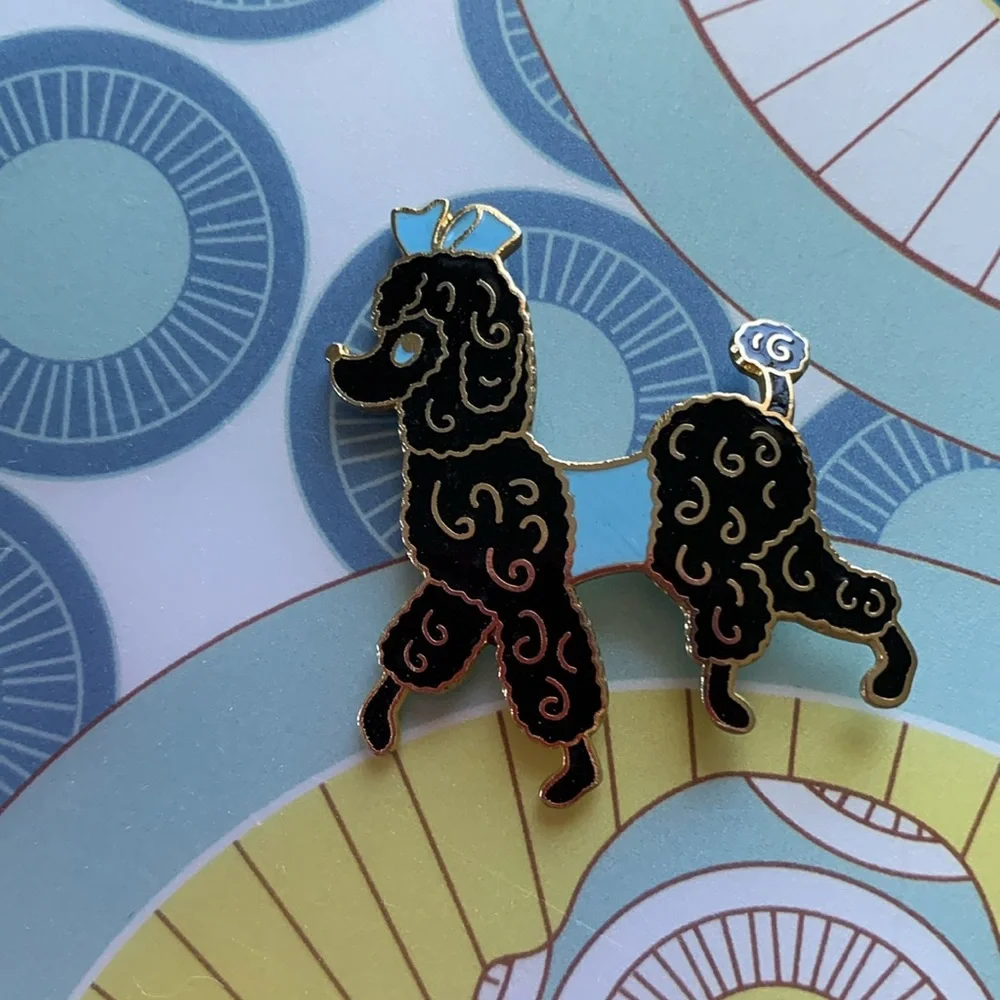 Fancy black French Poodle pin with blue eyes, sweater + bow EUC